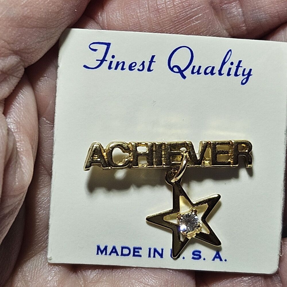 Achiever Lapel Pin Gold Tone With Dangling Star & Clear Rhinestone